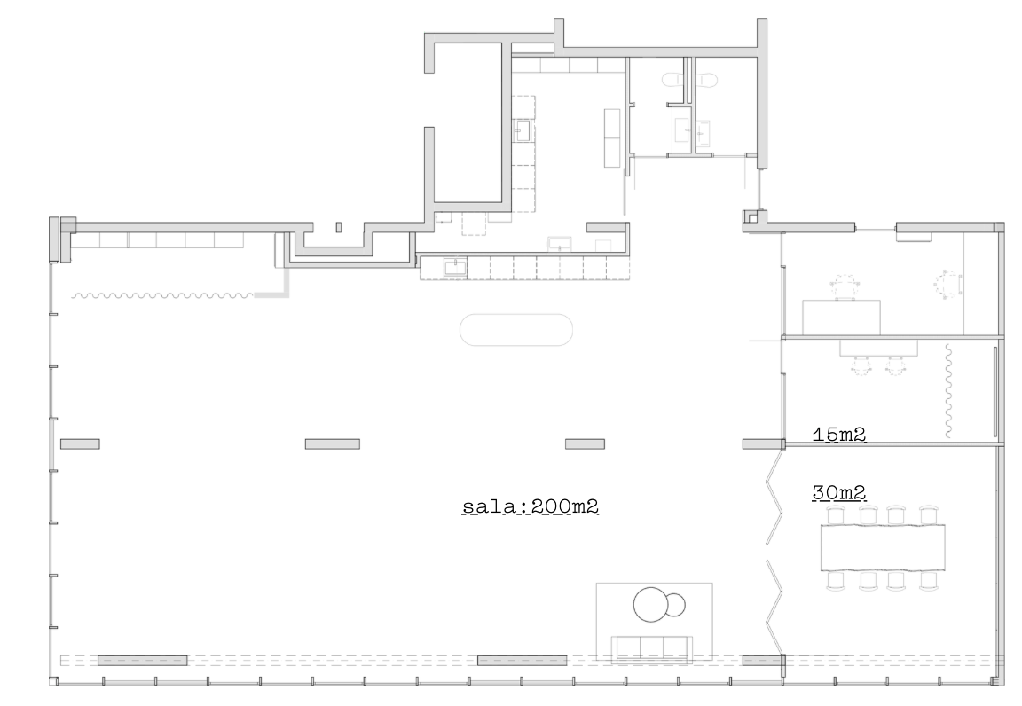 Chptr floor plan showing 300m² of space with a 200m² hall, 30m² conference room, 15m² cloakroom, 35kW power supply, and windows with blinds